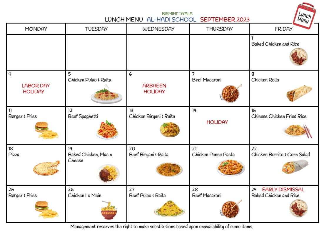 Lunch Menu | Alhadi School